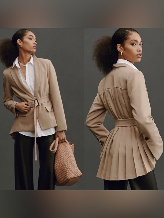 Anthropologie Jackets & Blazers - Anthropologie Maeve Tan Neutral Pleated Back belted Blazer Size S